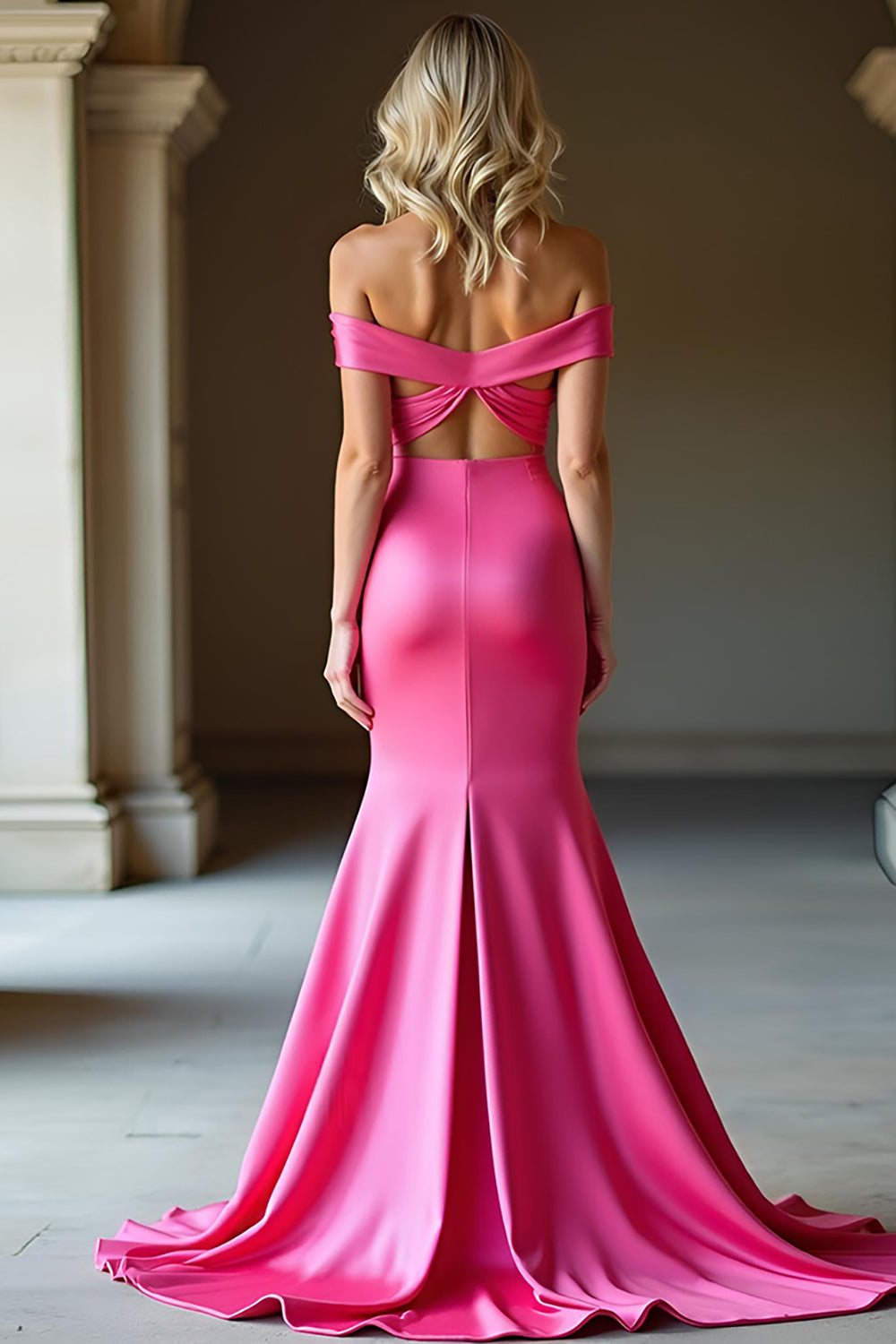 Enkel Off The Shoulder Sjöjungfru Lång Fuchsia Bal Klänning