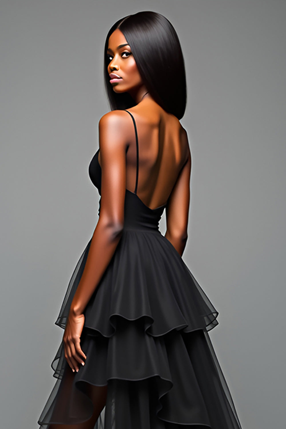 A Line Spaghetti Straps Volang Black Tie Klänning Med Slits