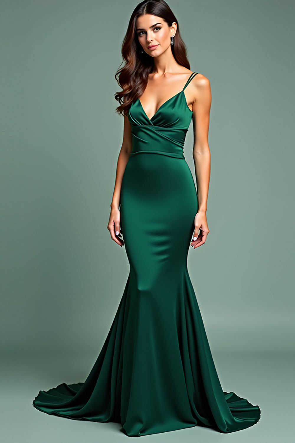 Mörkgrön Satin Spaghetti Straps Lång Balklänning