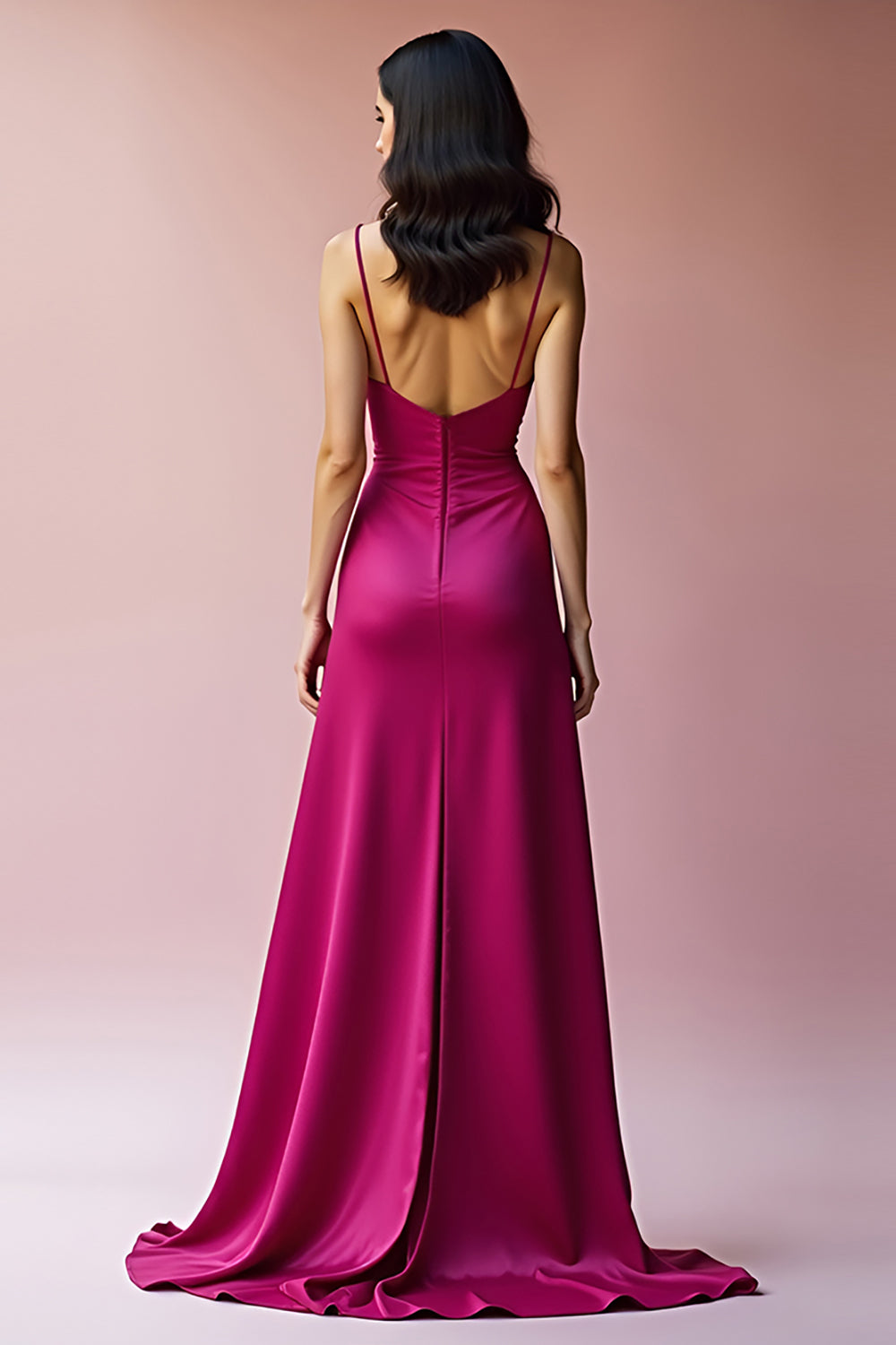 Fuchsia Rygglös Spaghetti Remmar En linje Lång Balklänning med slits