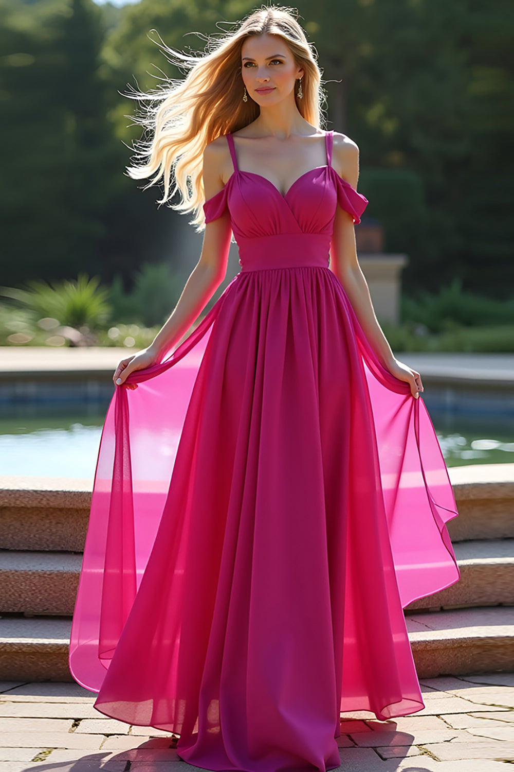 Fuchsia Kall Axel En Linje Lång Balklänning