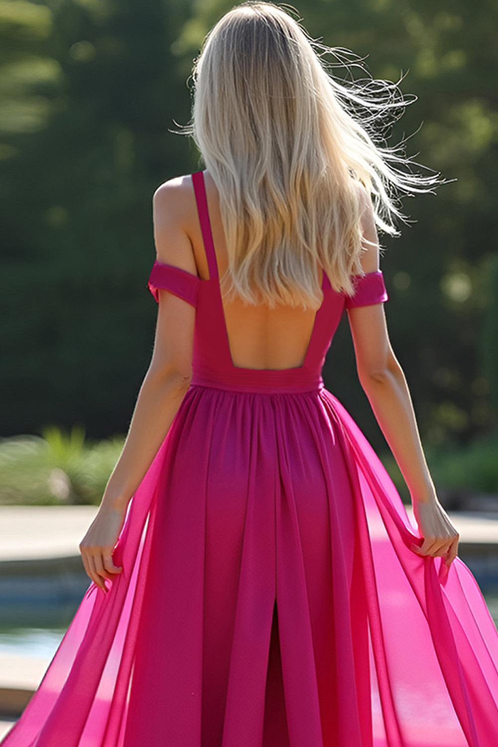 Fuchsia Kall Axel En Linje Lång Balklänning