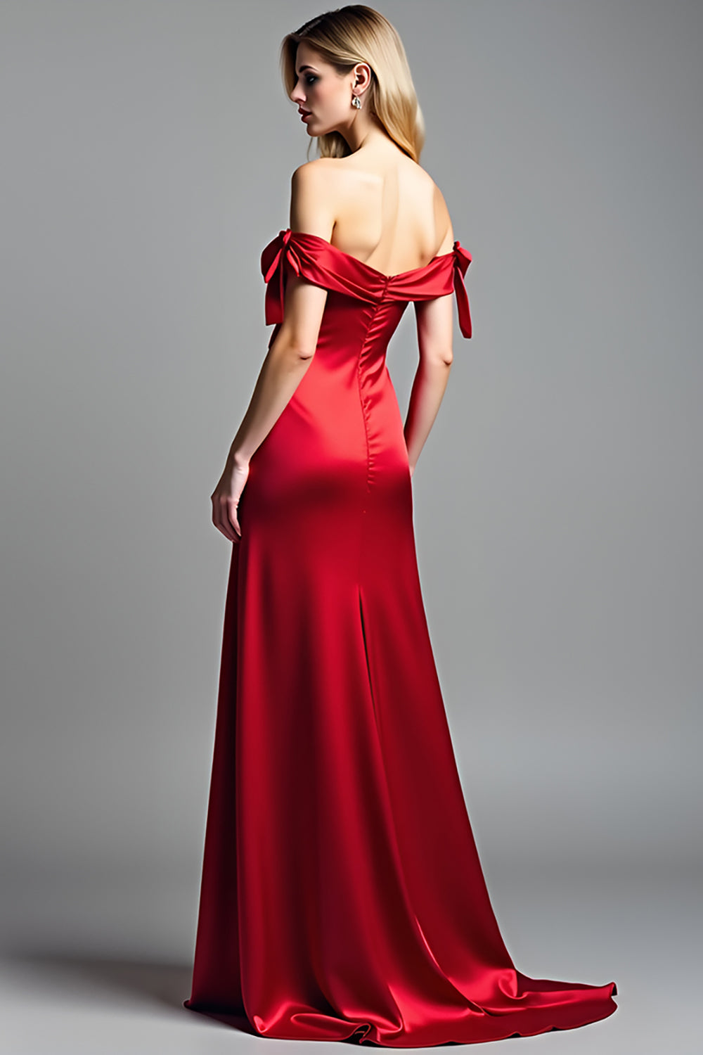 Röd Off The Shoulder Satin Lång Balklänning med slits