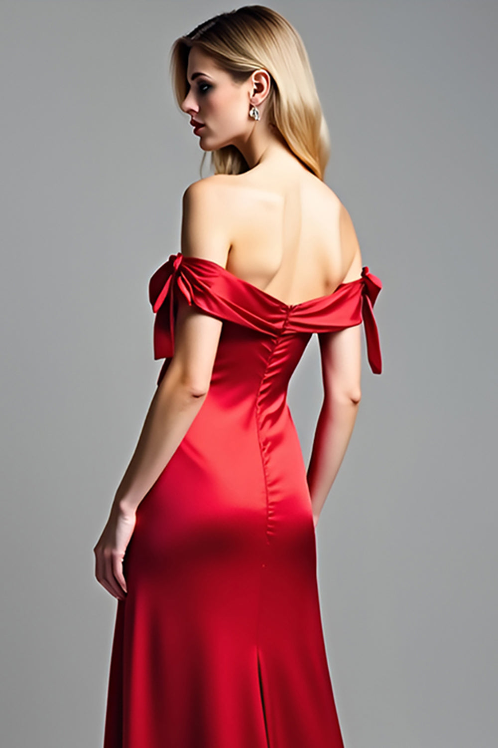 Röd Off The Shoulder Satin Lång Balklänning med slits