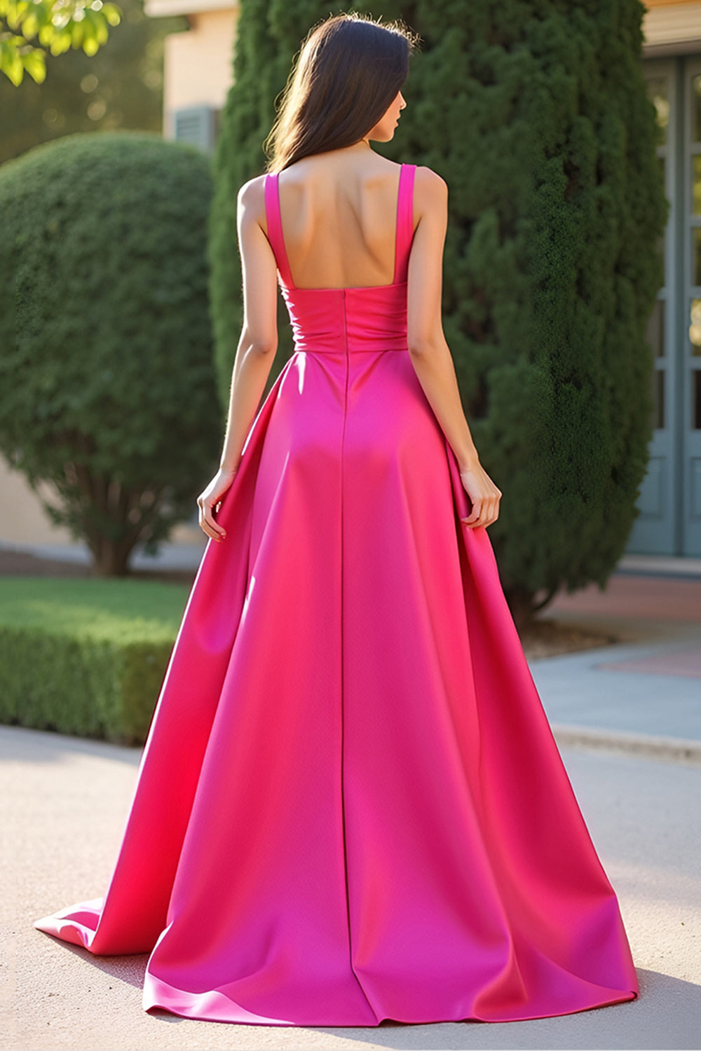 Fuchsia Fyrkantig hals En rad lång balklänning med slits