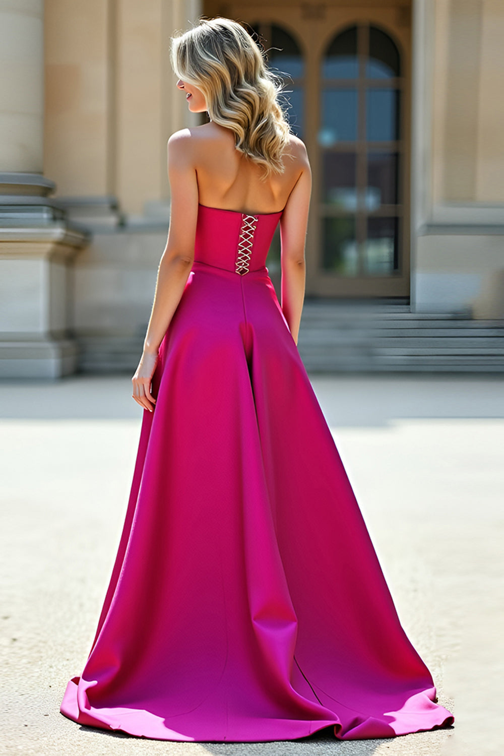 Fuchsia A Line Axelbandslös Balklänning med slits