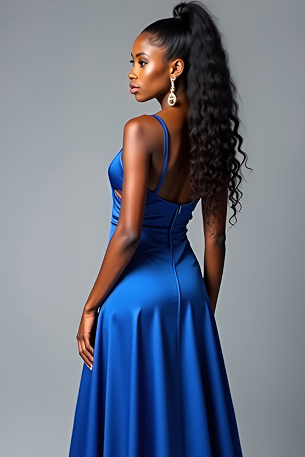 Royal Blue A Line Spaghetti Straps Lång Satin Bal Klänning