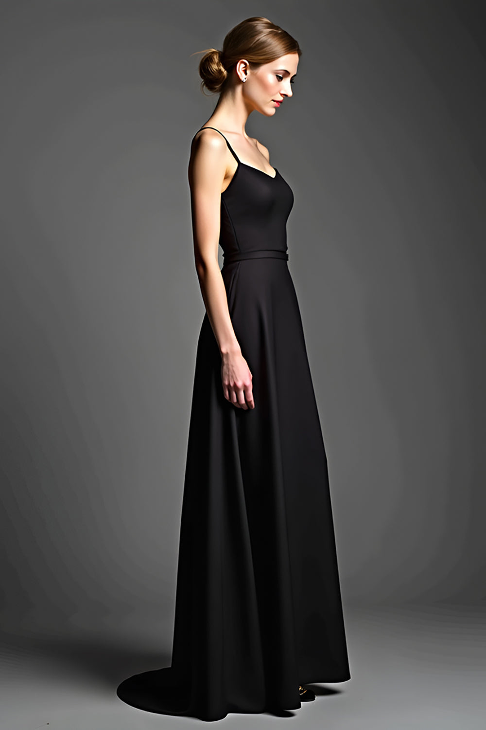 A Line Spaghetti Straps Satin Svart Klänning