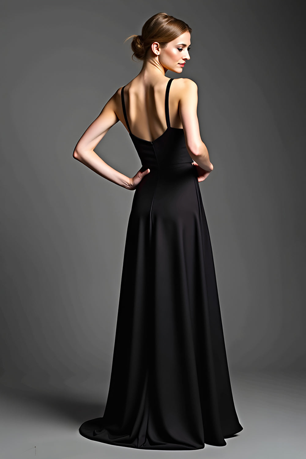 A Line Spaghetti Straps Satin Svart Klänning