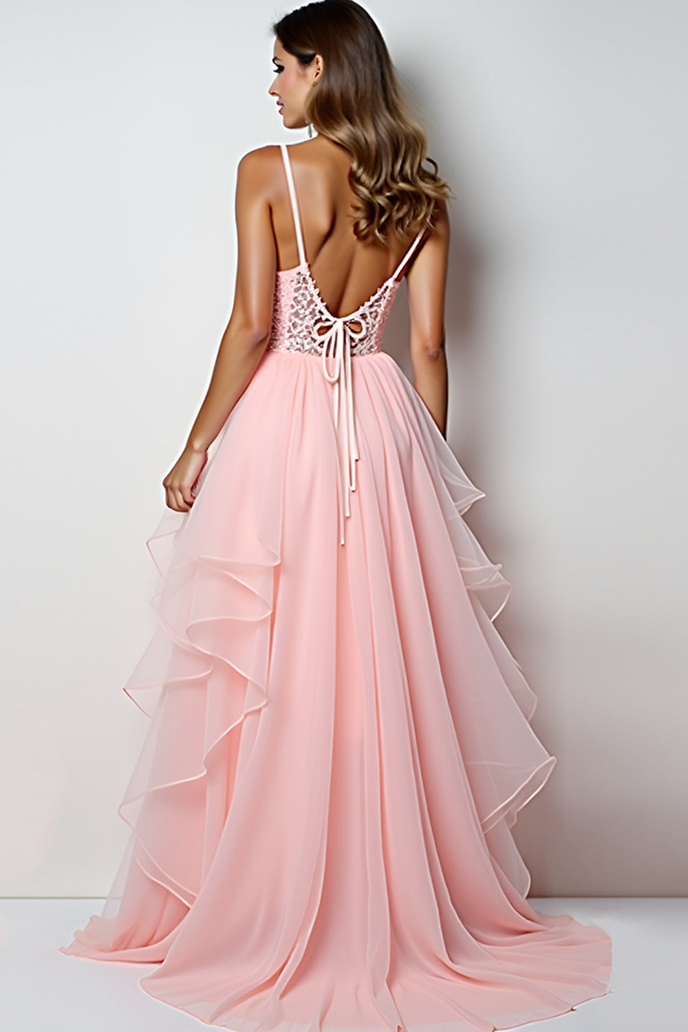 Rodnande Rosa En linje Spaghetti Straps Lång Balklänning Med Ruffles