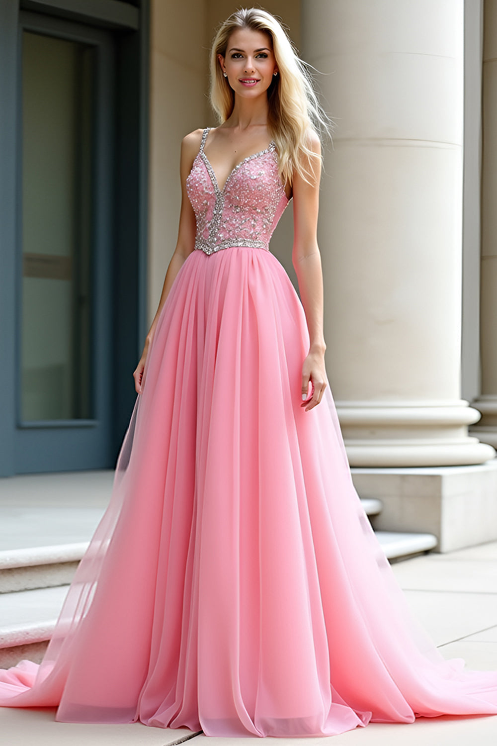 Rosa A-linje Spaghetti Straps Tyll Lång Balklänning med Beading