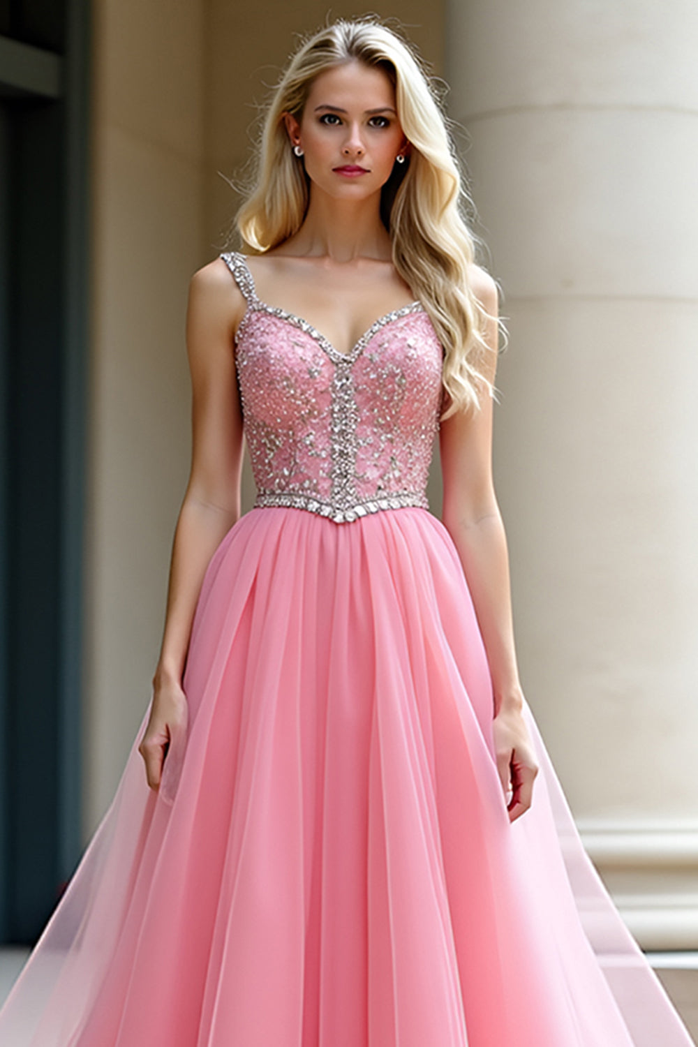 Rosa A-linje Spaghetti Straps Tyll Lång Balklänning med Beading
