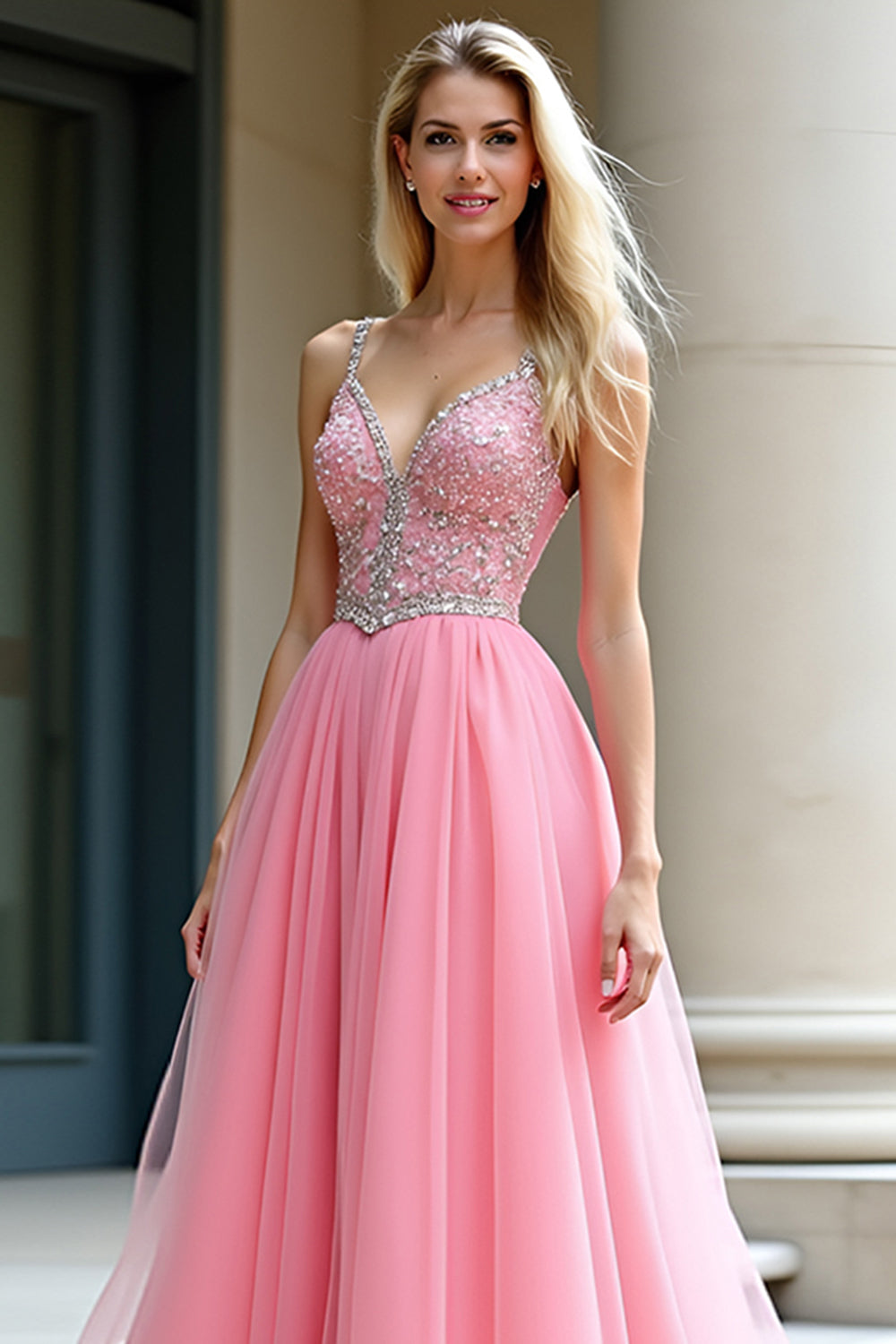 Rosa A-linje Spaghetti Straps Tyll Lång Balklänning med Beading