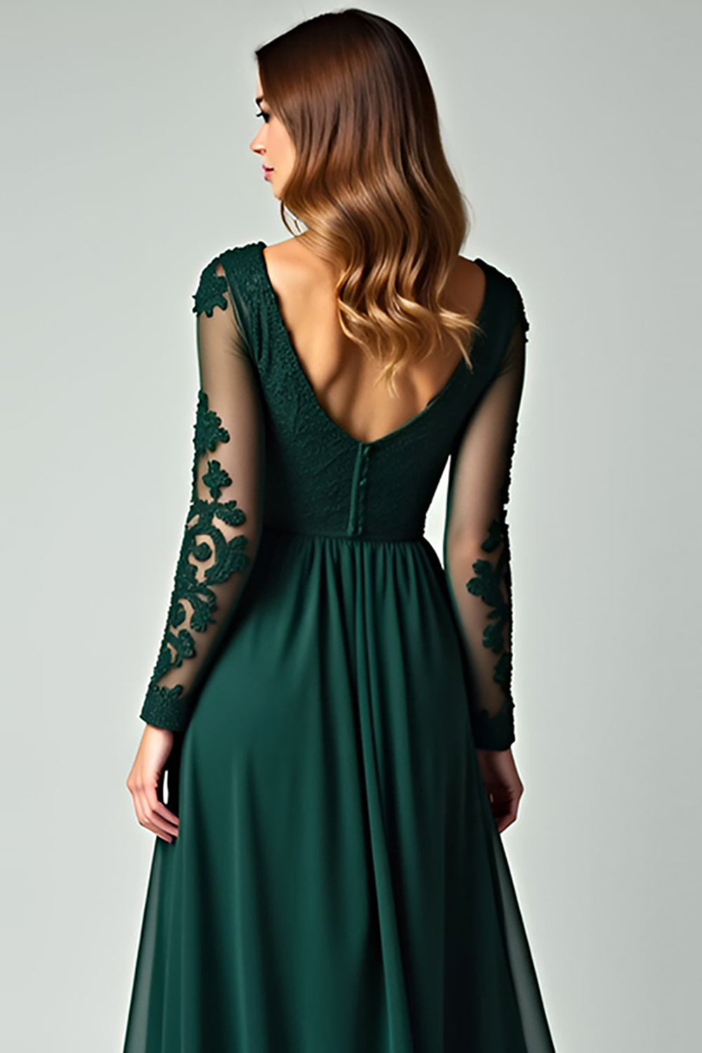 Pine A Line V Neck Lace Lång Balklänning med långa ärmar
