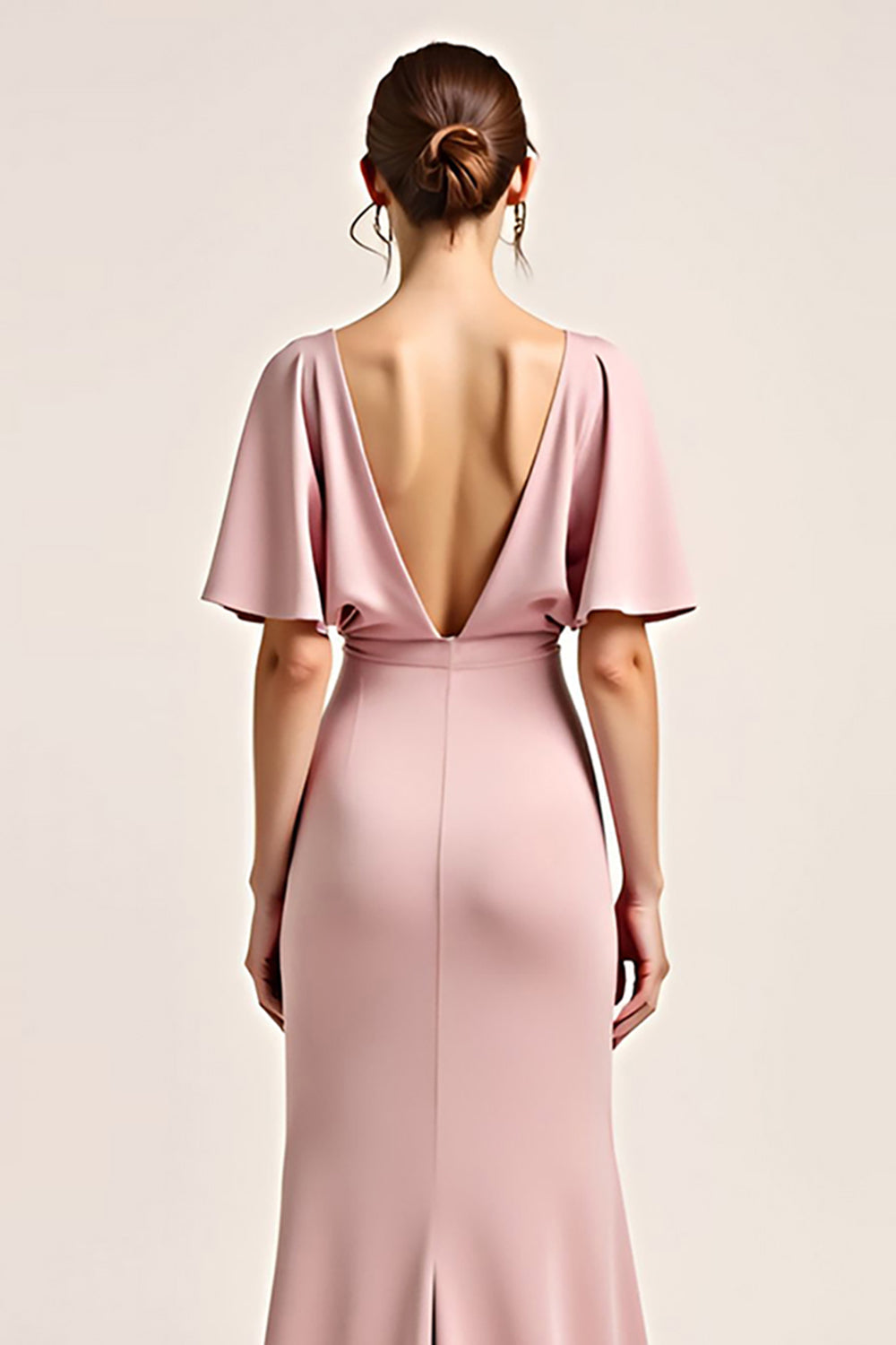 Dusty Rose V-ringad Satin Halvärmar Lång Brudtärna Klänning med Slits