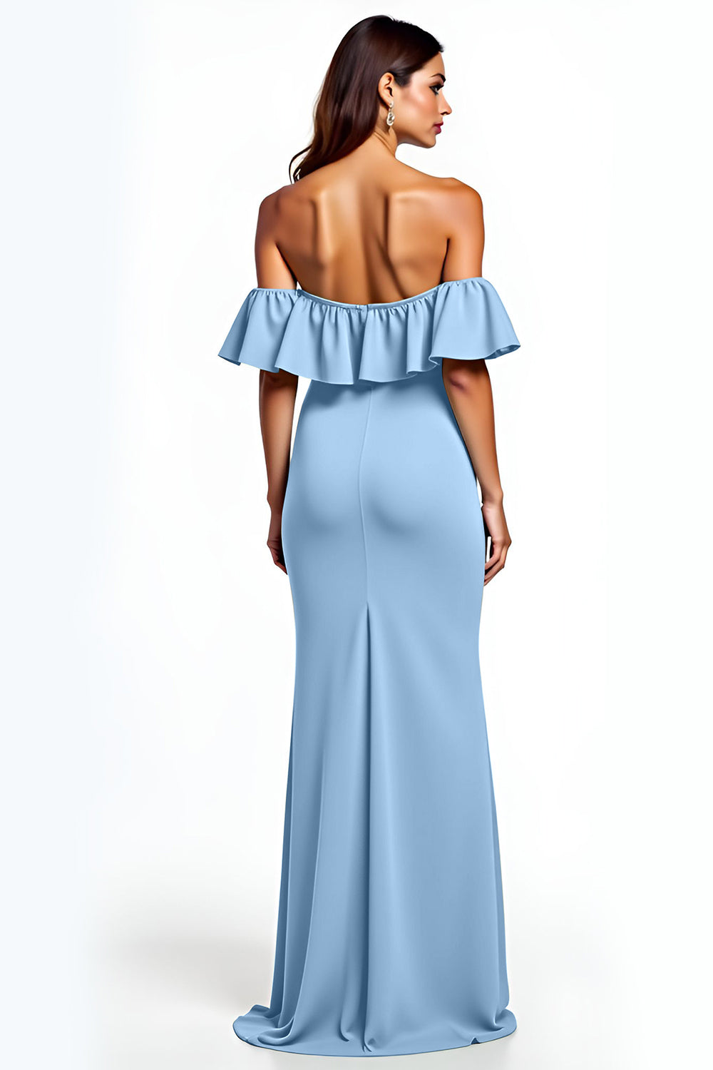 Dammig Blå Sjöjungfru Ruffle Off The Shoulder Lång Bröllop Gäst Klänning Med Slits