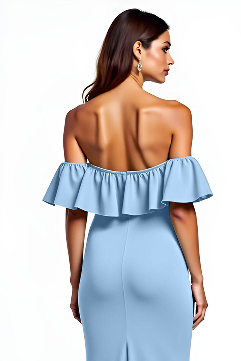 Dammig Blå Sjöjungfru Ruffle Off The Shoulder Lång Bröllop Gäst Klänning Med Slits