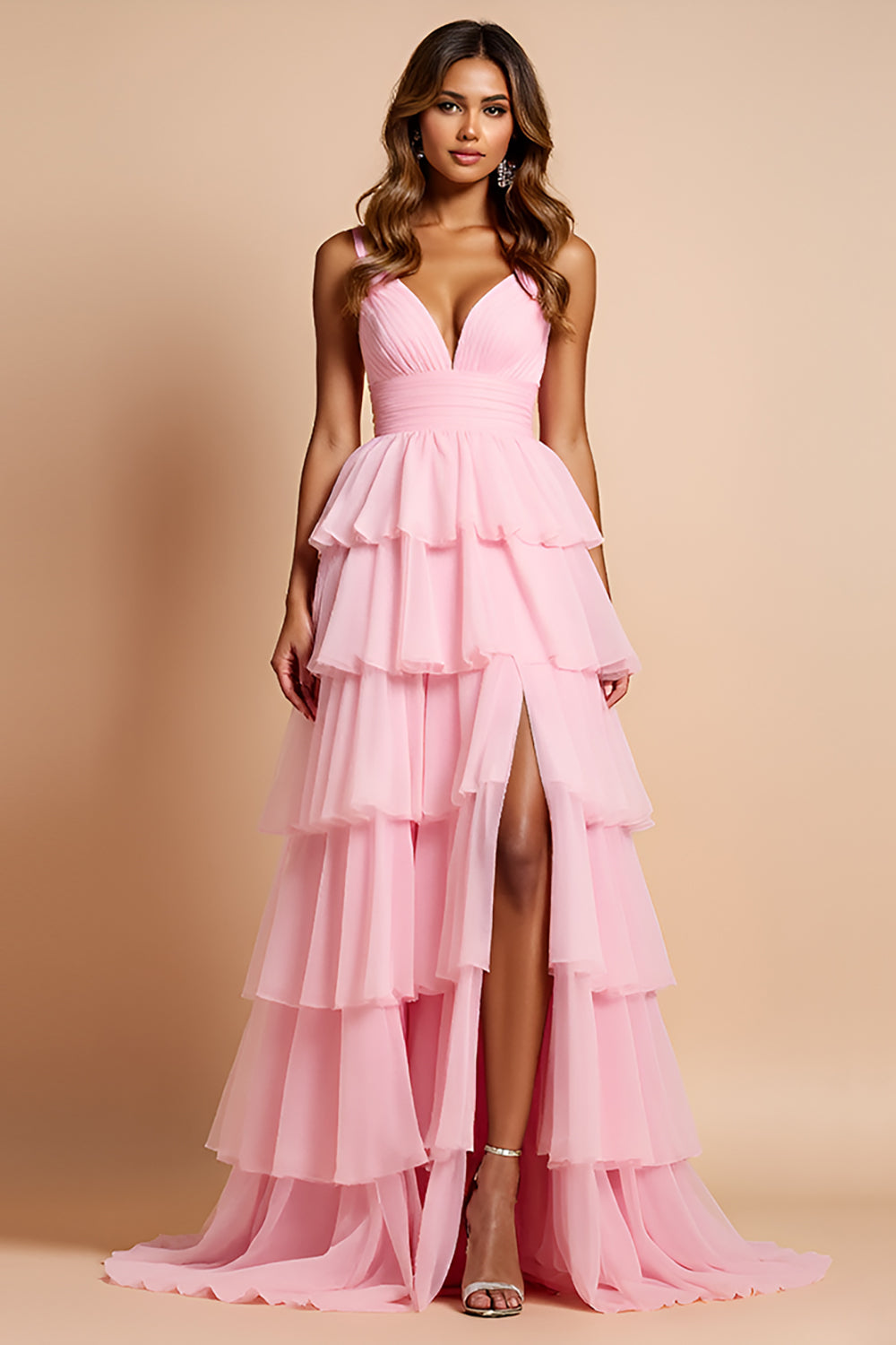 Rodnande Rosa Spaghetti Straps Tiered Lång Prom Klänning Med Ruffles