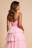 Rodnande Rosa Spaghetti Straps Tiered Lång Prom Klänning Med Ruffles