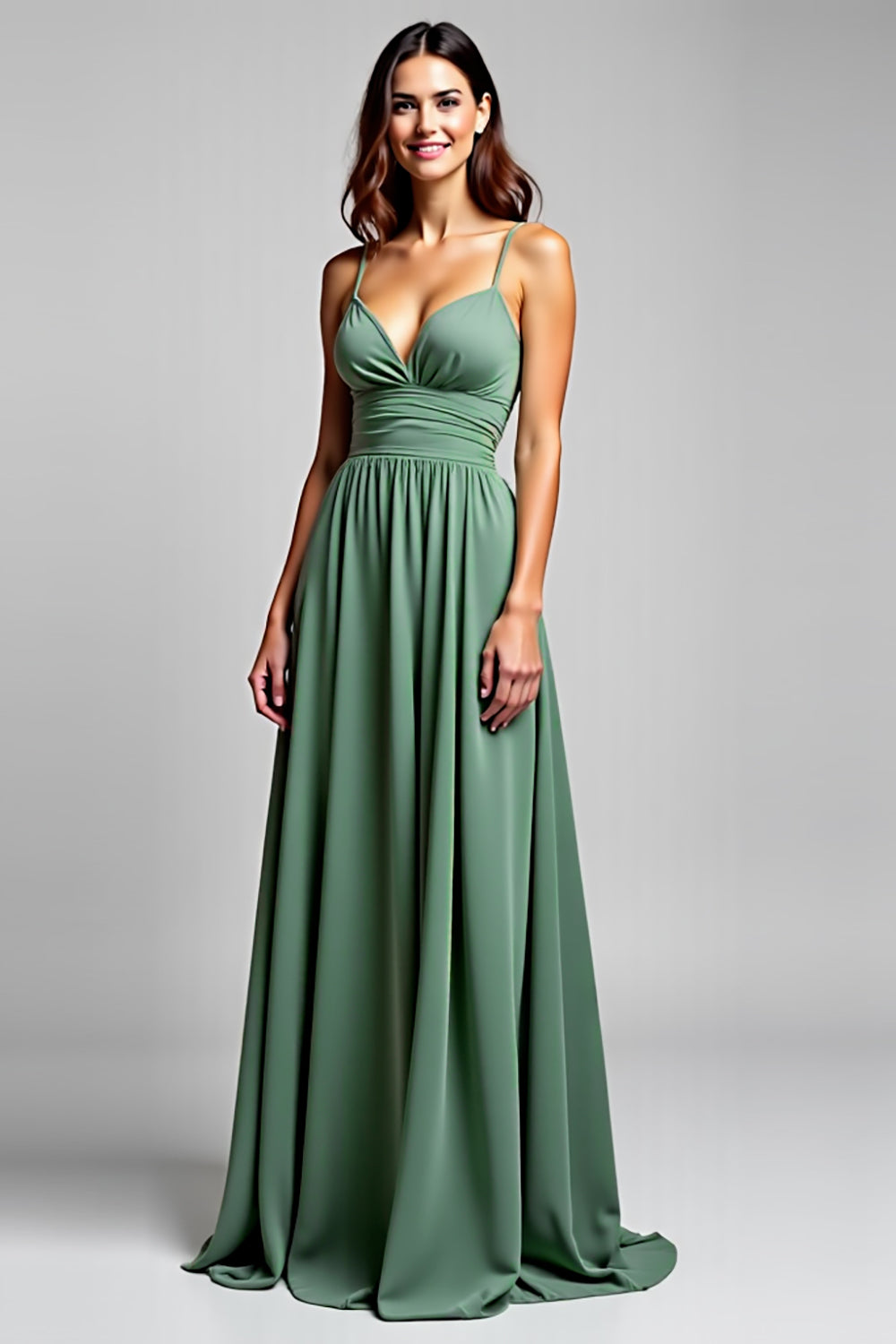 En linje Chiffong Eucalyptus Rynkad Spaghetti Straps Brudtärna Klänning