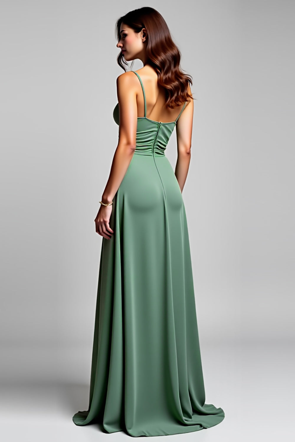 En linje Chiffong Eucalyptus Rynkad Spaghetti Straps Brudtärna Klänning