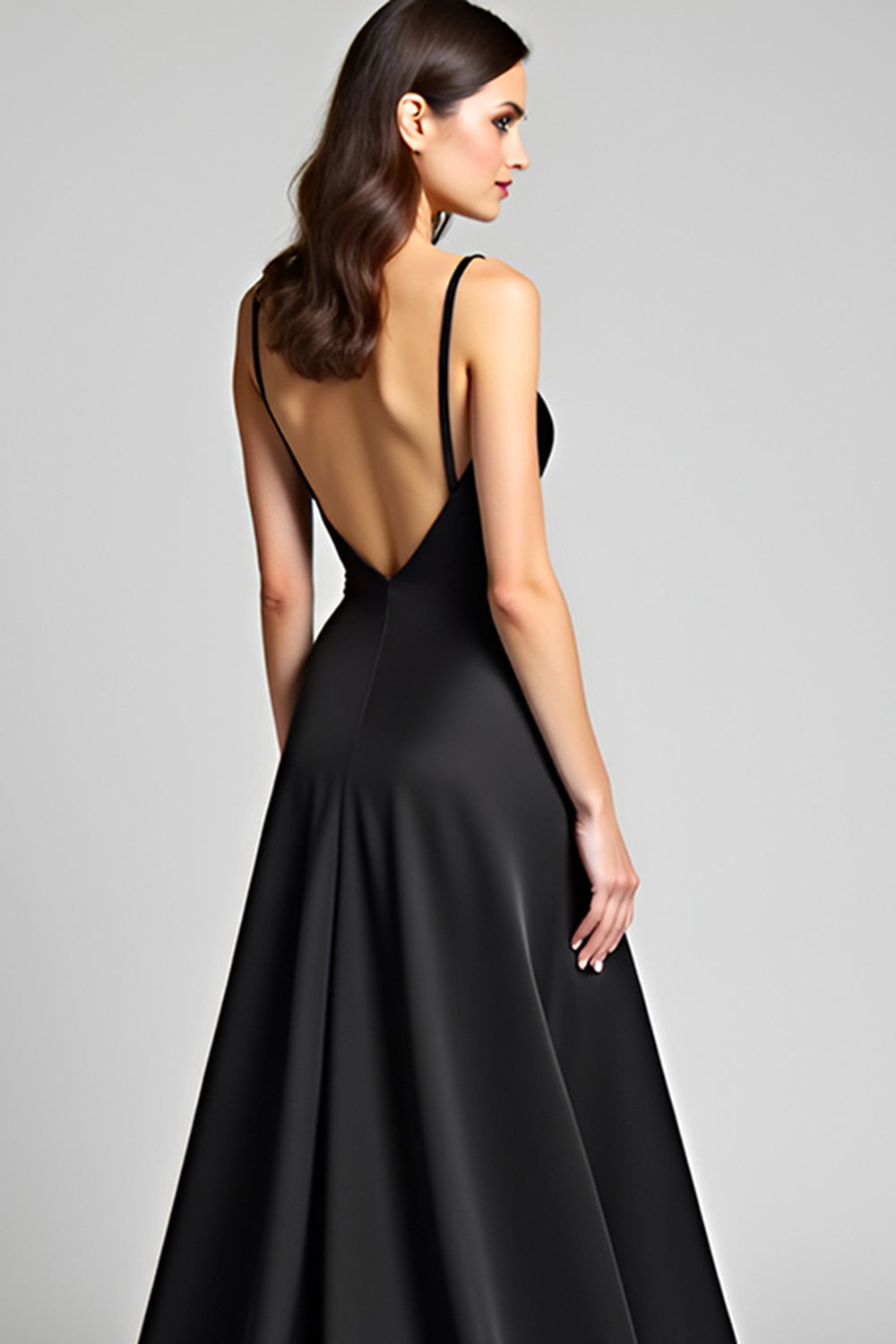 Spaghetti Remmar A Line Satin Svart Slips Klänning med Slits