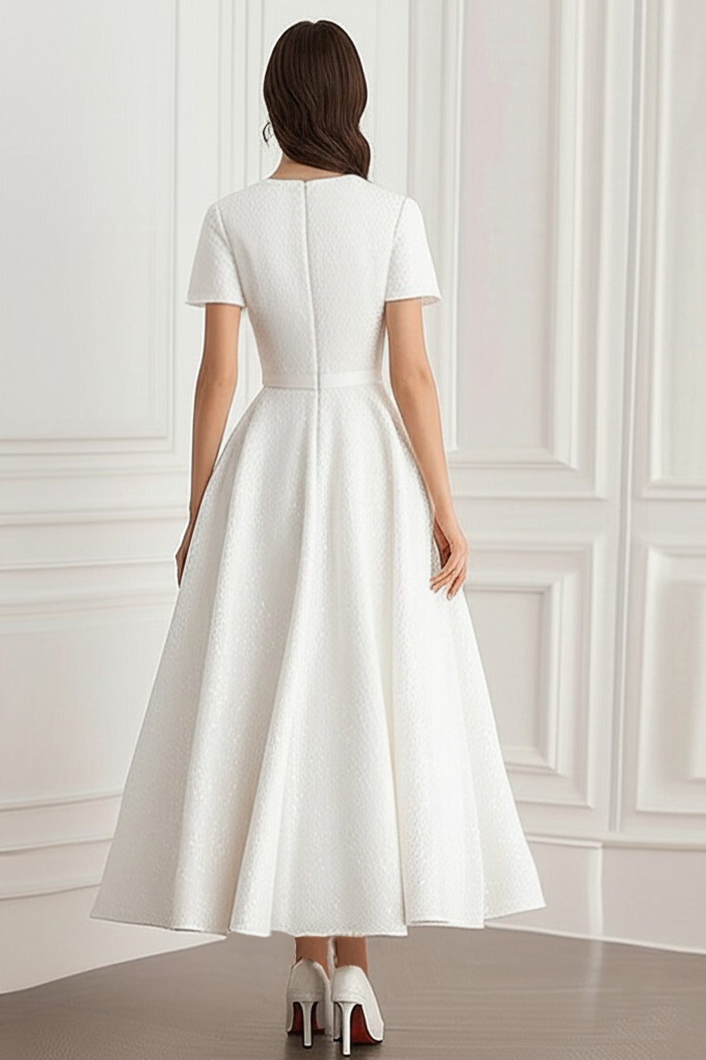 Ivory Rund hals Jacquard A-linje Midi Formell Klänning med Korta ärmar
