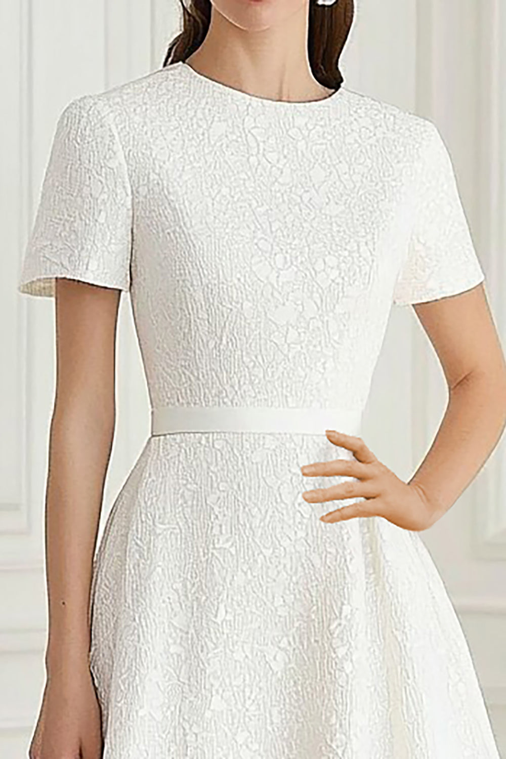 Ivory Rund hals Jacquard A-linje Midi Formell Klänning med Korta ärmar