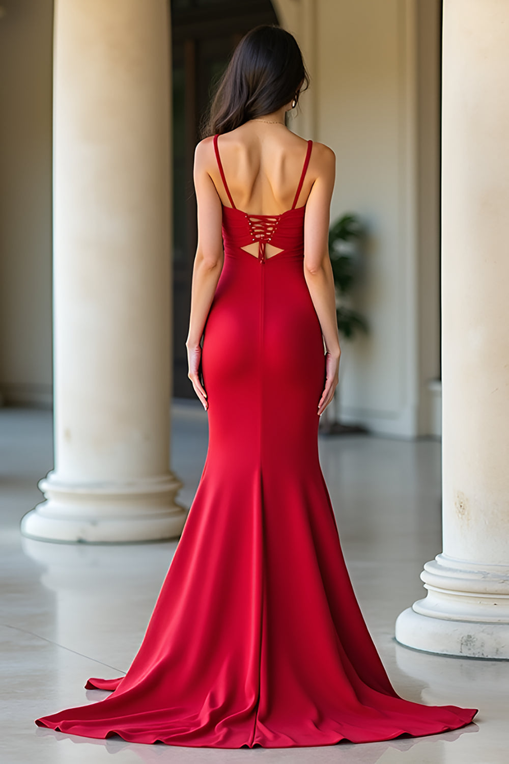 Röd Matt Satin Slida Spaghetti Straps Bal Klänning