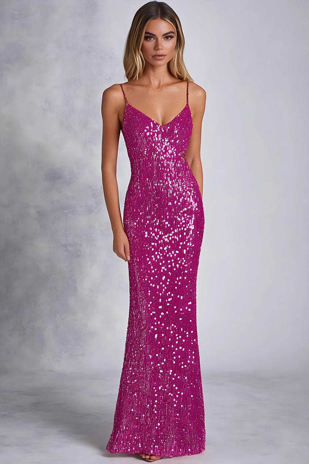 Glittrande Paljetter Fuchsia Spaghetti Remmar Fodral Formell Klänning