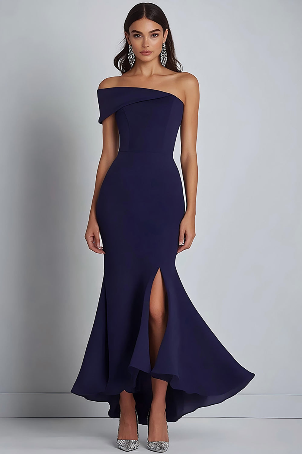 Navy Crepe One Shoulder Sheath Formell Klänning med slits