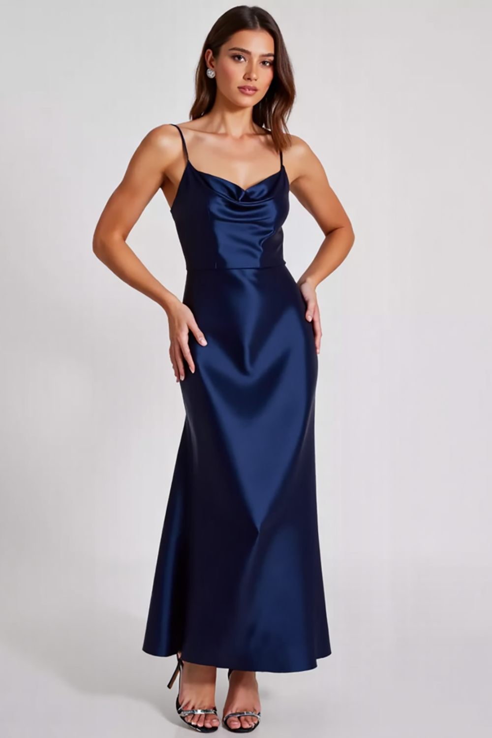 Stretch Satin Marinblå Spaghetti Remmar Slida Formell Klänning