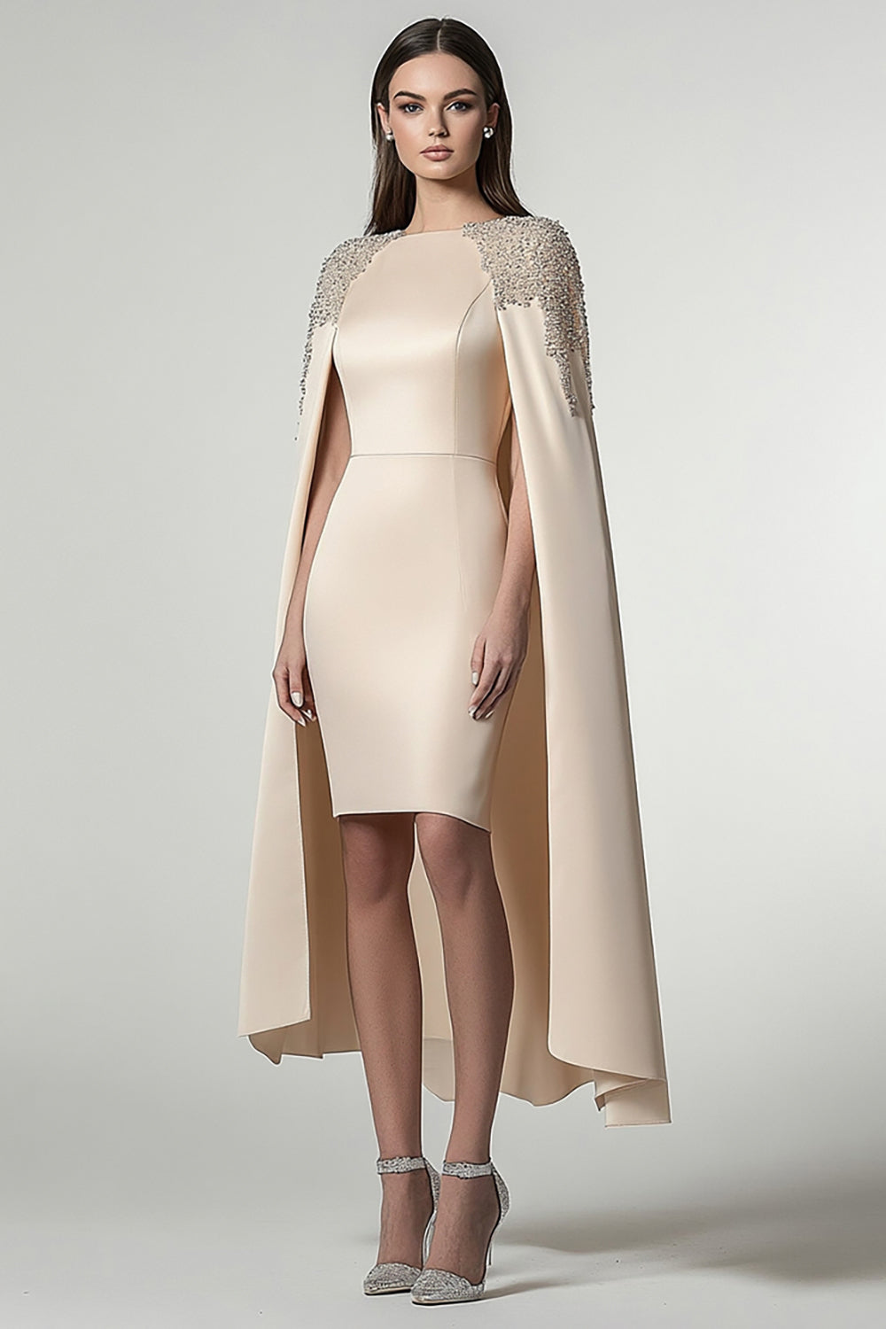 Champagne Satin Cape Midi Formell Klänning