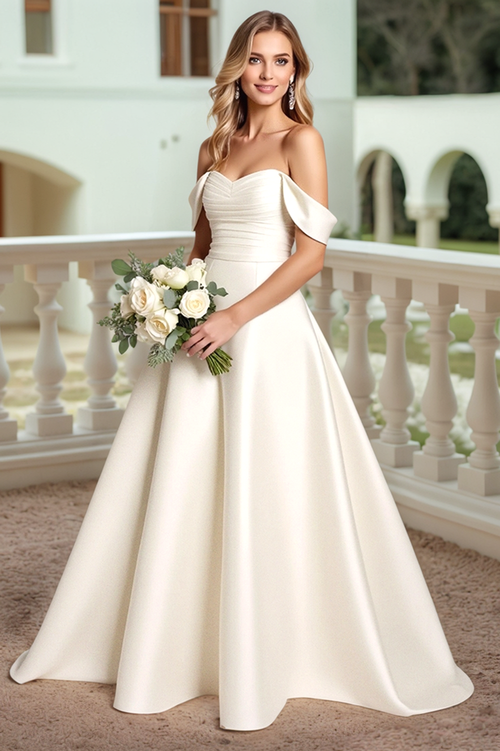 Satin A Line Vit Off The Shoulder Bröllopsklänning med rosett