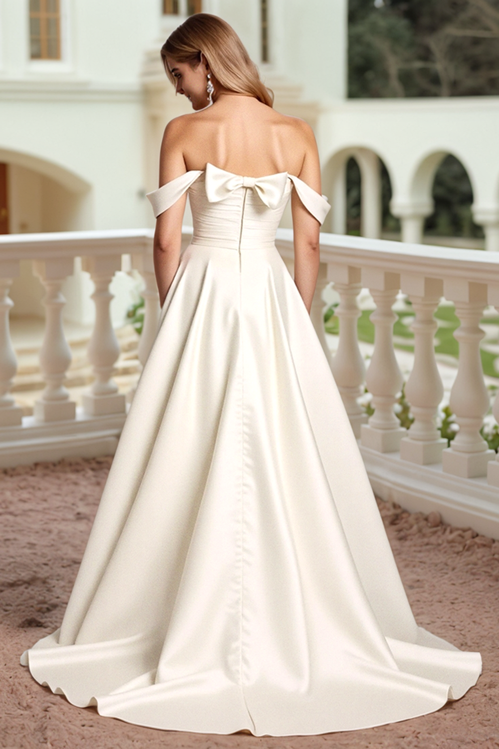 Satin A Line Vit Off The Shoulder Bröllopsklänning med rosett