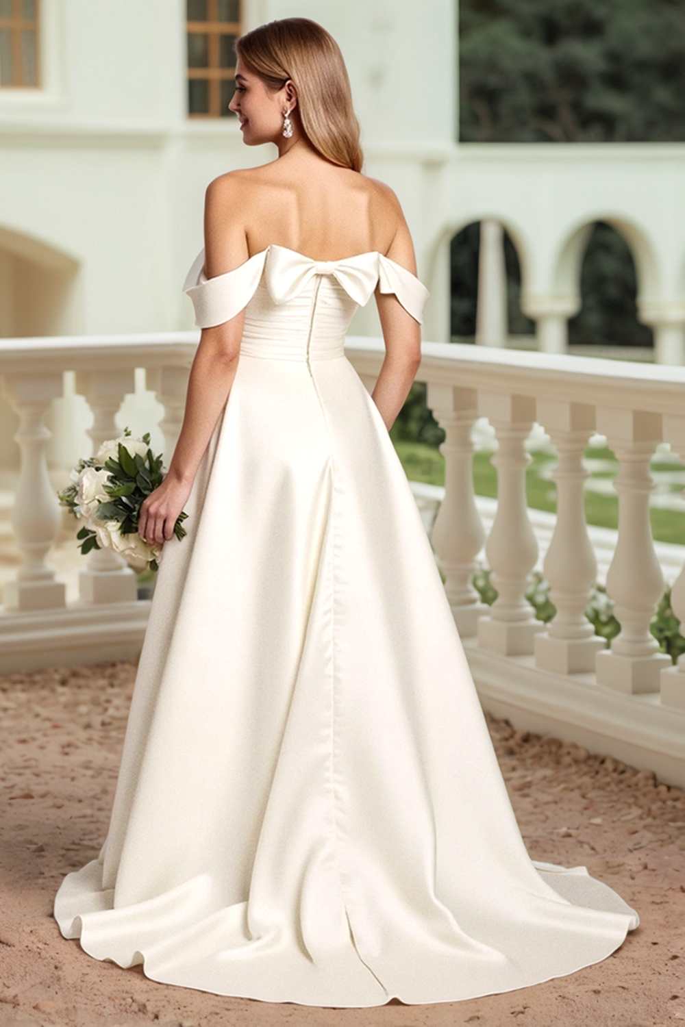 Satin A Line Vit Off The Shoulder Bröllopsklänning med rosett