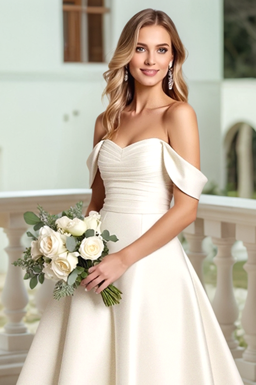 Satin A Line Vit Off The Shoulder Bröllopsklänning med rosett