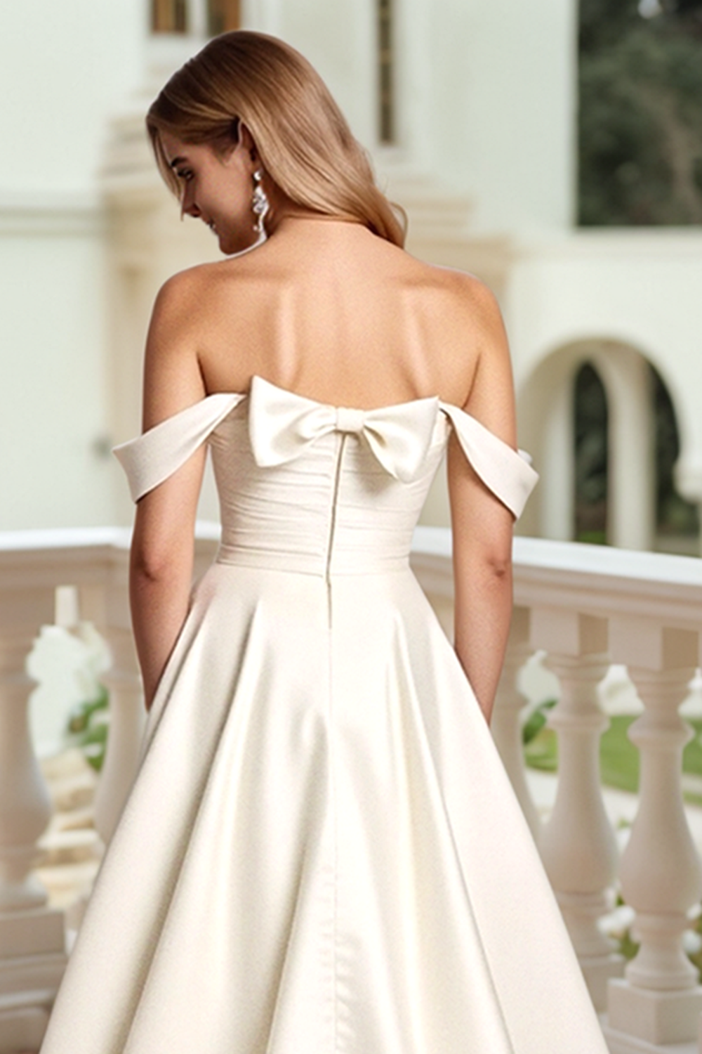 Satin A Line Vit Off The Shoulder Bröllopsklänning med rosett