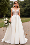 Satin Spets Elfenben Spaghetti Remmar A Line Weding Klänning med Beading