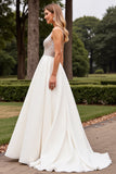 Satin Spets Elfenben Spaghetti Remmar A Line Weding Klänning med Beading