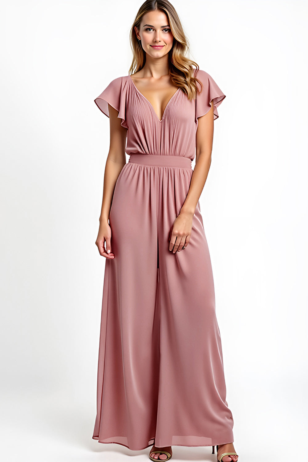 Dusty Rose V-ringad volang Chiffong jumpsuit