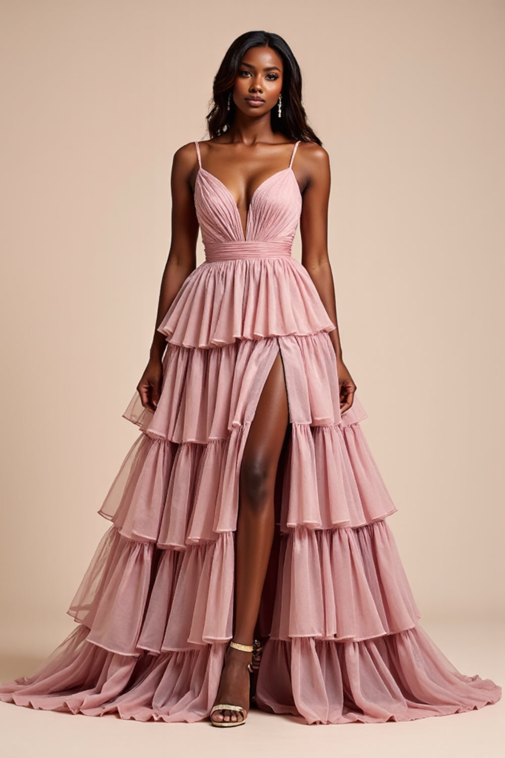 Dusty Rose A Line Spaghetti Remmar Volanger Tiered Balklänning