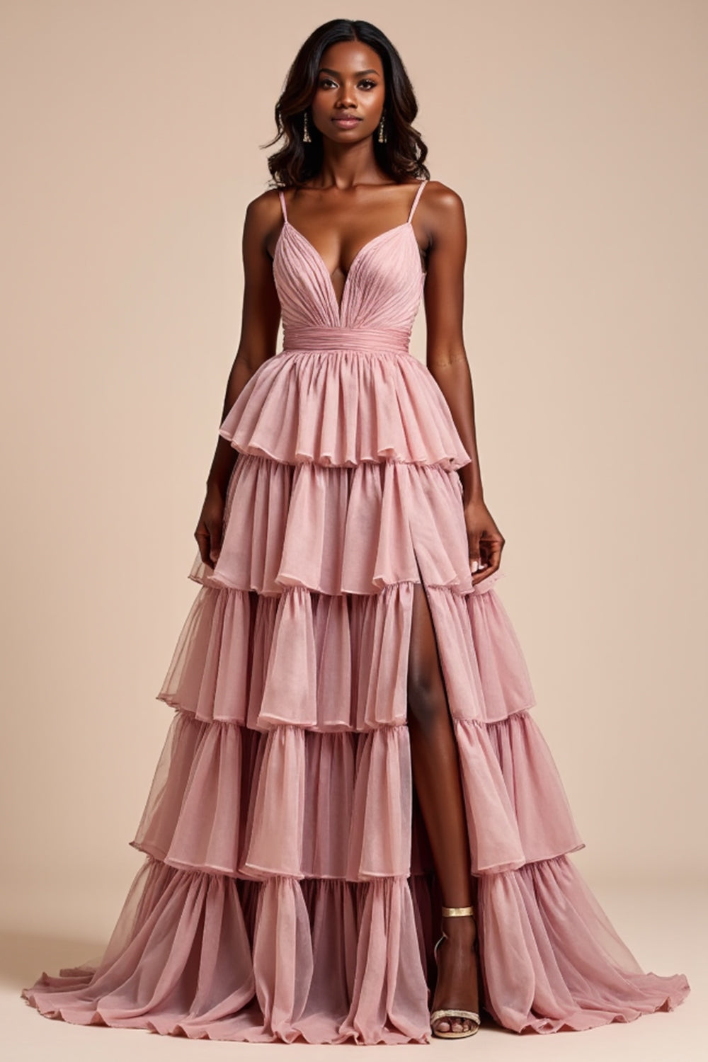 Dusty Rose A Line Spaghetti Remmar Volanger Tiered Balklänning