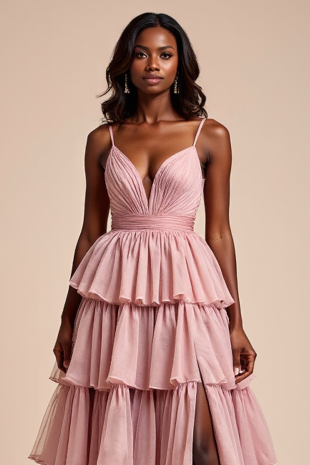Dusty Rose A Line Spaghetti Remmar Volanger Tiered Balklänning