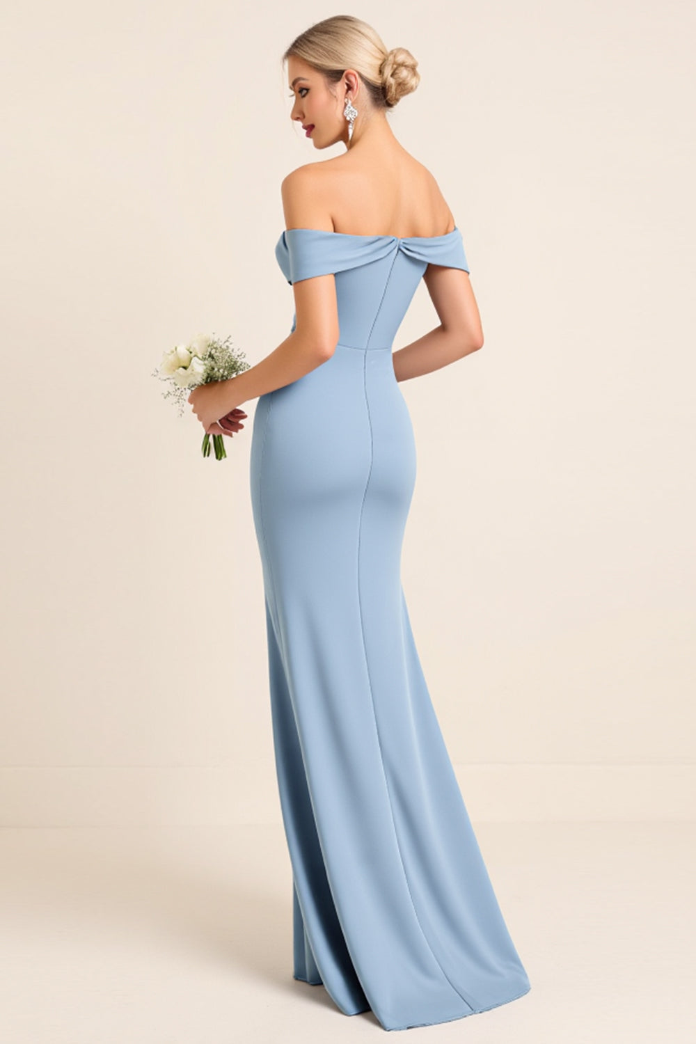 Matt Satäng Off The Shoulder Dusty Blue Rynkad Slida Brudtärna Klänning med slits