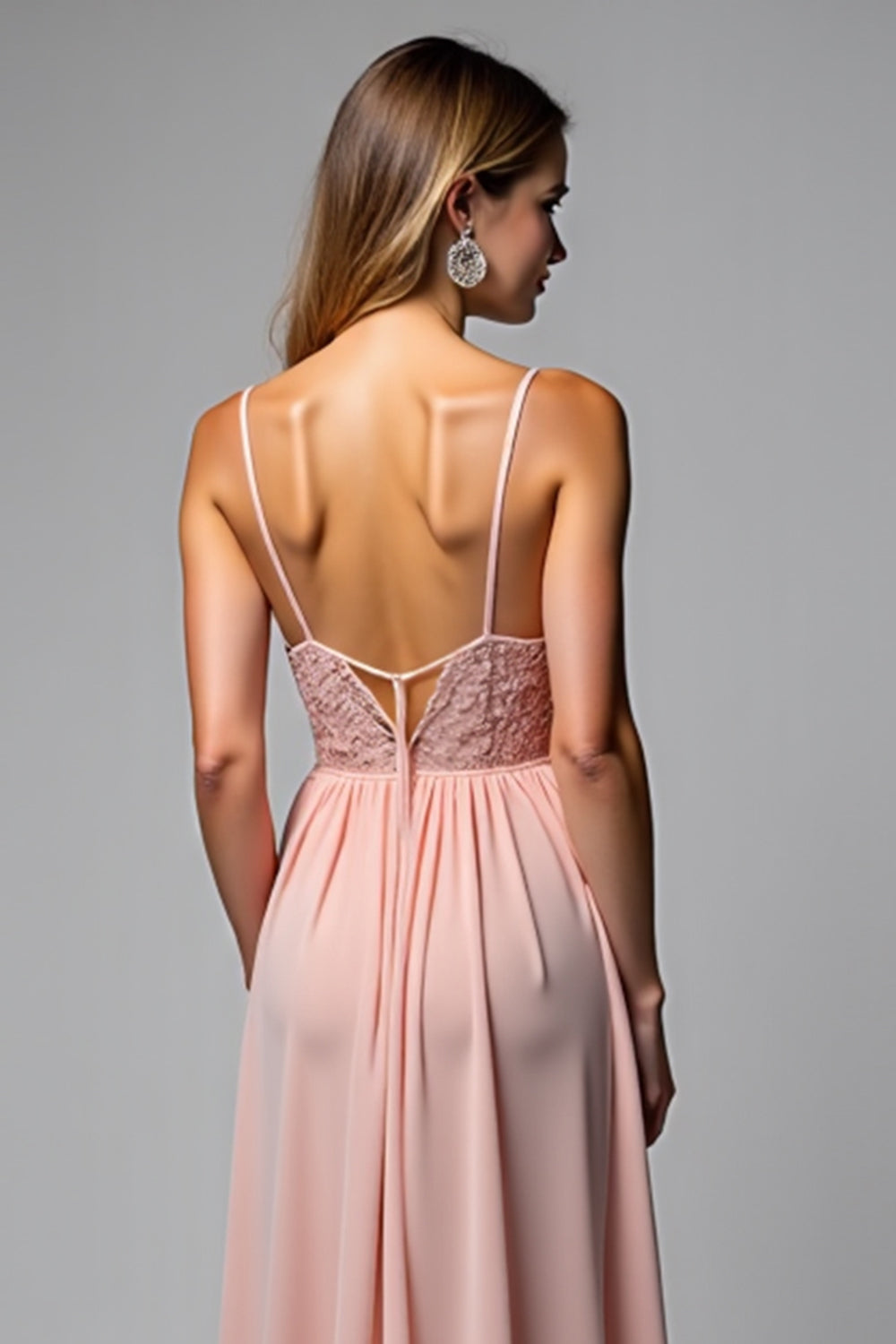 Dusty Rose Spaghetti Straps Chiffong Spets Brudtärna Klänning med slits