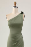 One Shoulder Eucalyptus Mermaid Lång Brudtärna Klänning med Slits
