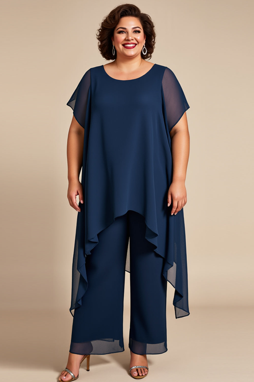 Marinblå Chiffong Rund hals Plus Storlek Brudens Mor Pantsuits