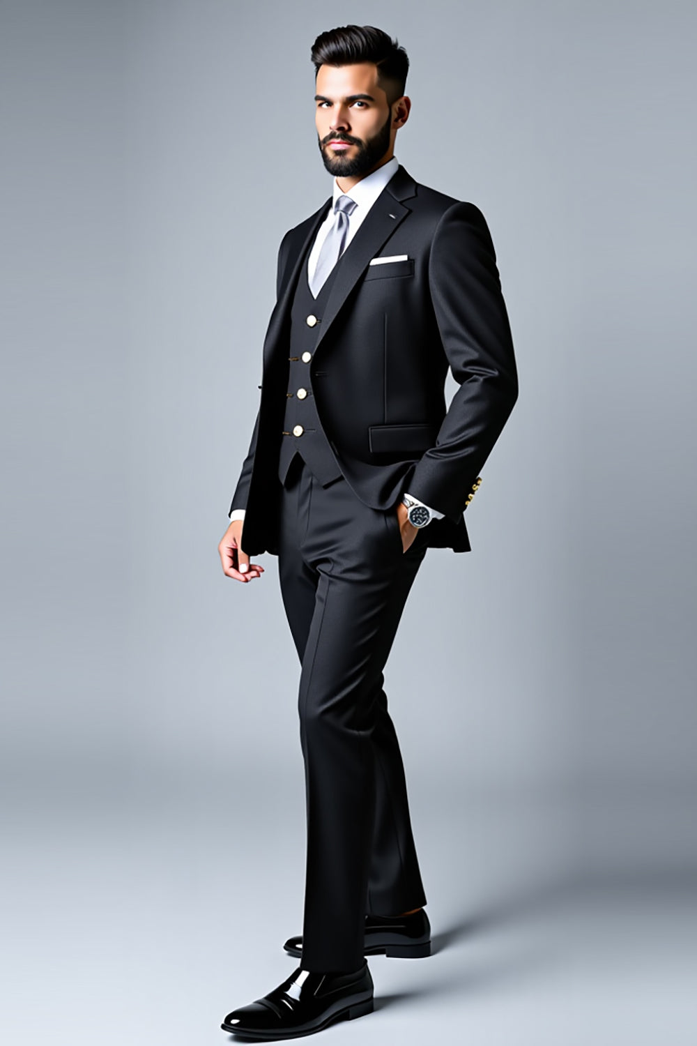 Svart Notched Lapel 3 Pieces Prom Suits för män