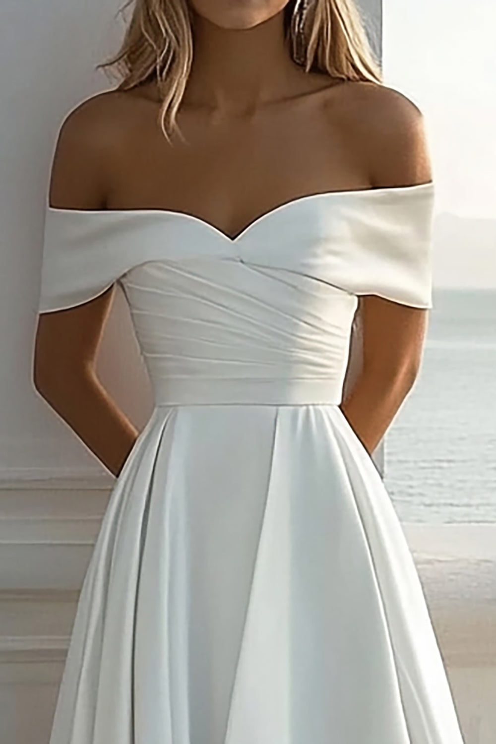Off The Shoulder A Line Elfenben Satin Bröllopsklänning Med Slits